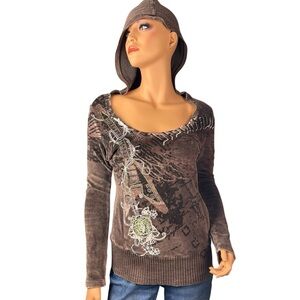 Libertalia Y2K Bling Velour Long Sleeve Hooded Top Womens Medium Brown